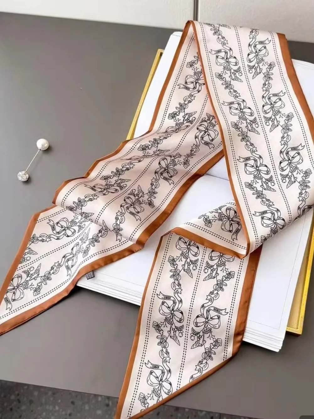 SHEIN Cream Scarf with Tan Border and Gray Scroll Motif